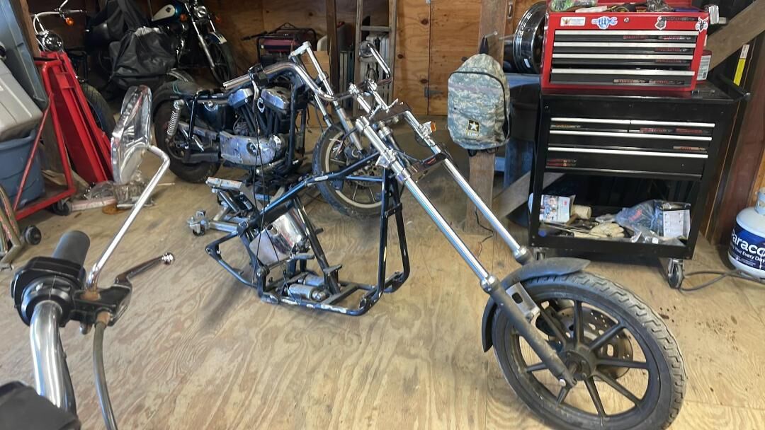 Custom chopper in progress on the shop floor